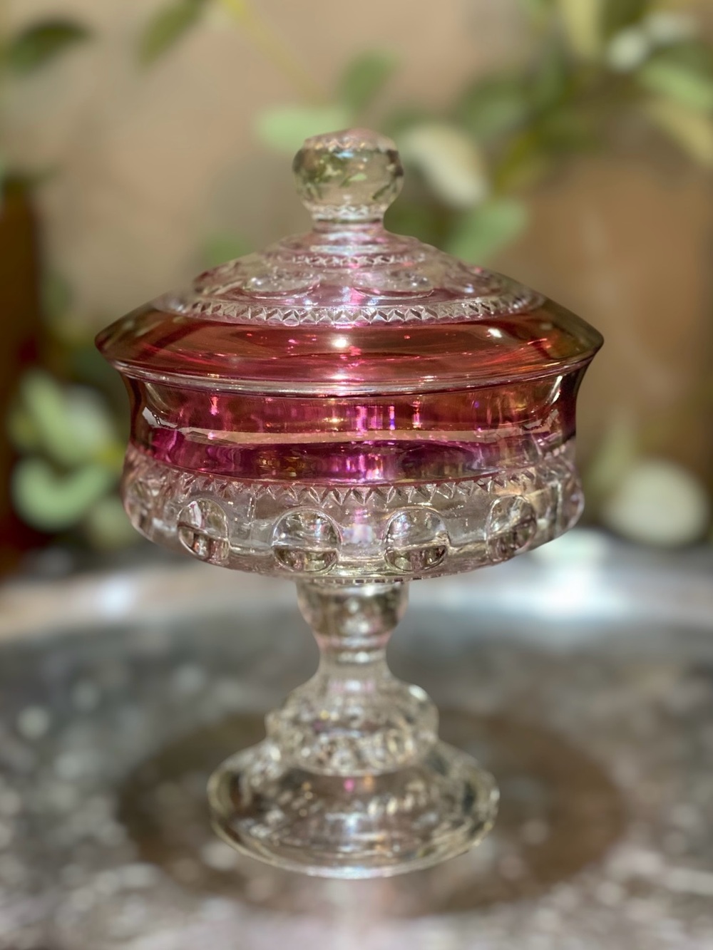 Vintage Indiana Glass Kings Crown Ruby Red Thumbprint Pedestal Candy Dish w Lid